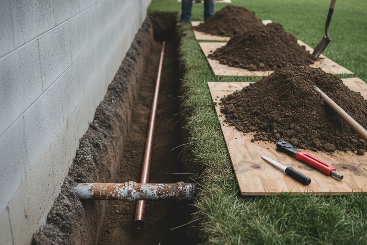 Excavated water line trench during Water Softener Installation in Haverstraw